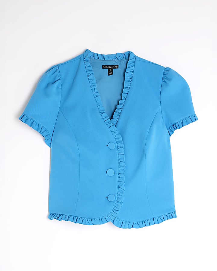 Blue Frill Button Tailored Top