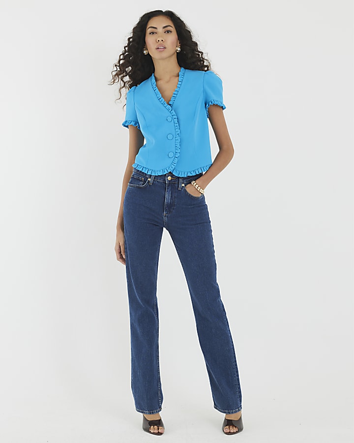 Blue Frill Button Tailored Top