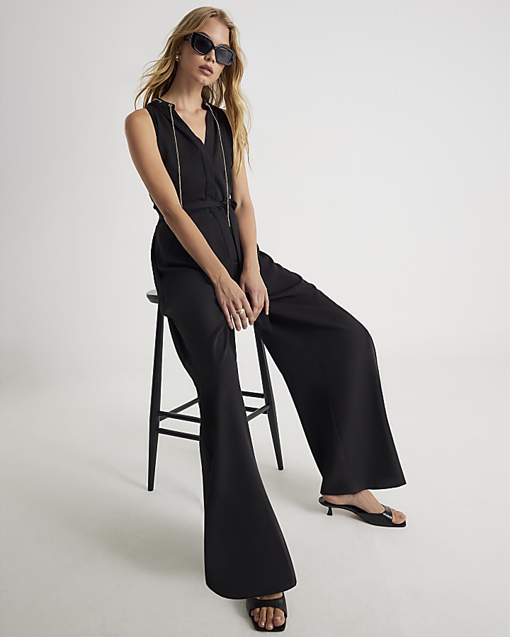 Black Chain Detail Wide Leg Jumpsuit