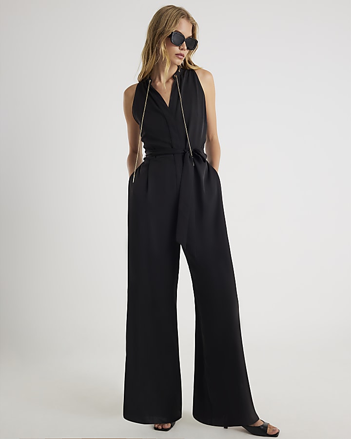 Black Chain Detail Wide Leg Jumpsuit