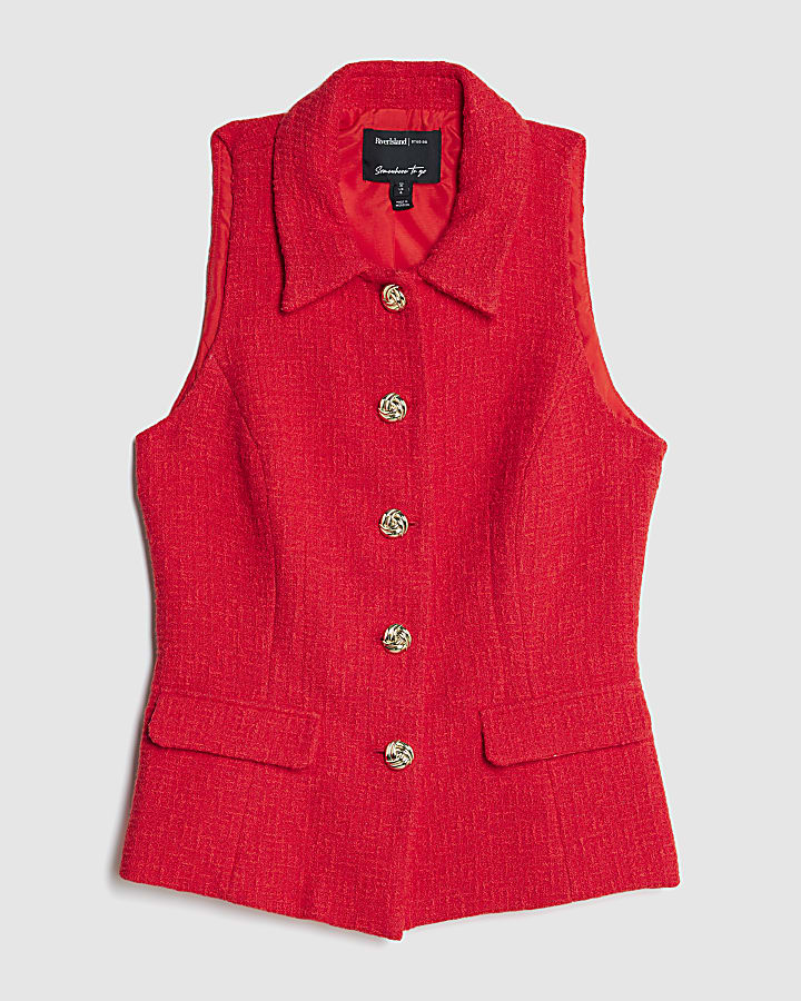 Red Boucle High Neck Collared Waistcoat