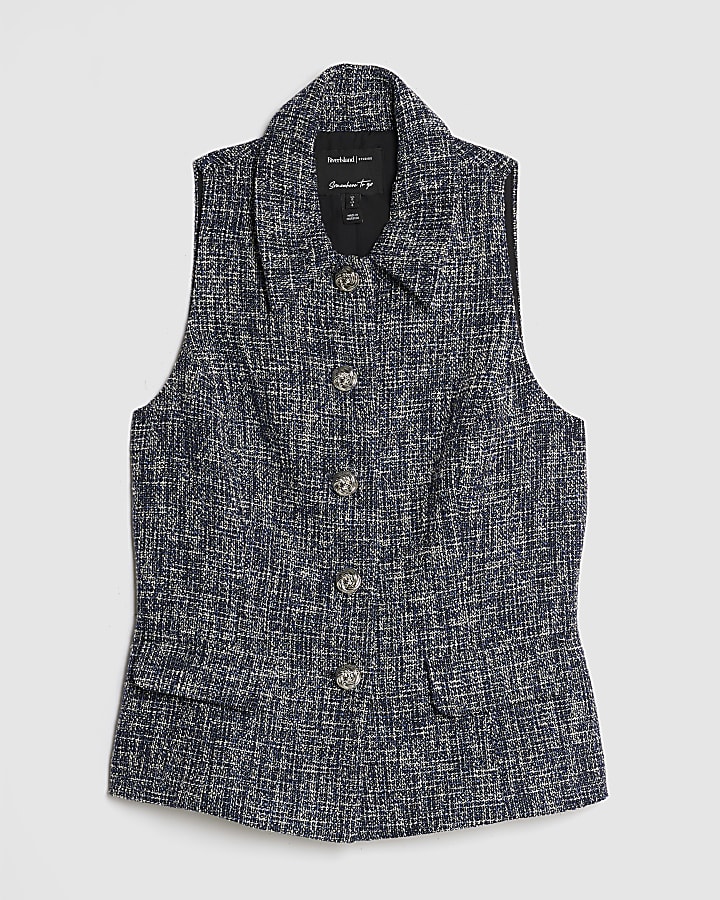 Navy Boucle High Neck Collared Waistcoat