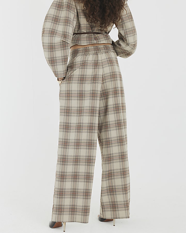 Beige Check Wide Leg Trousers