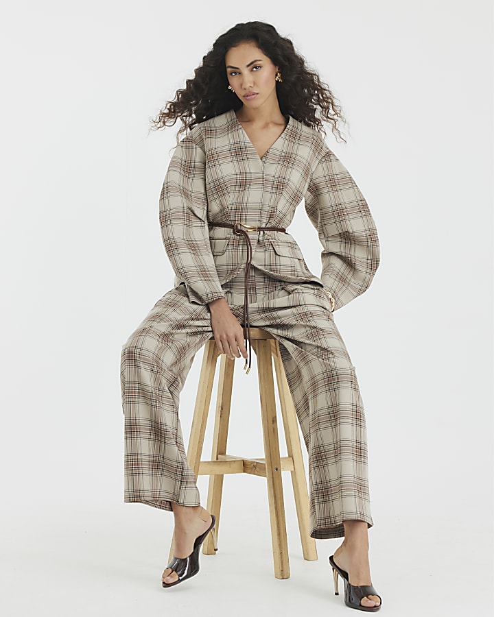 Beige Check Wide Leg Trousers