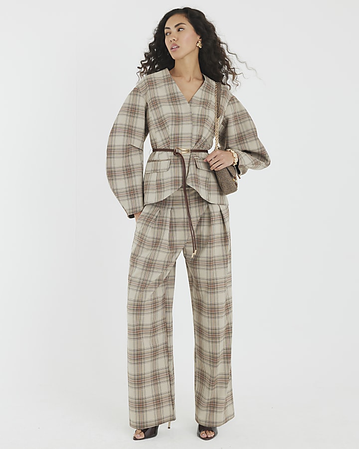 Beige Check Wide Leg Trousers