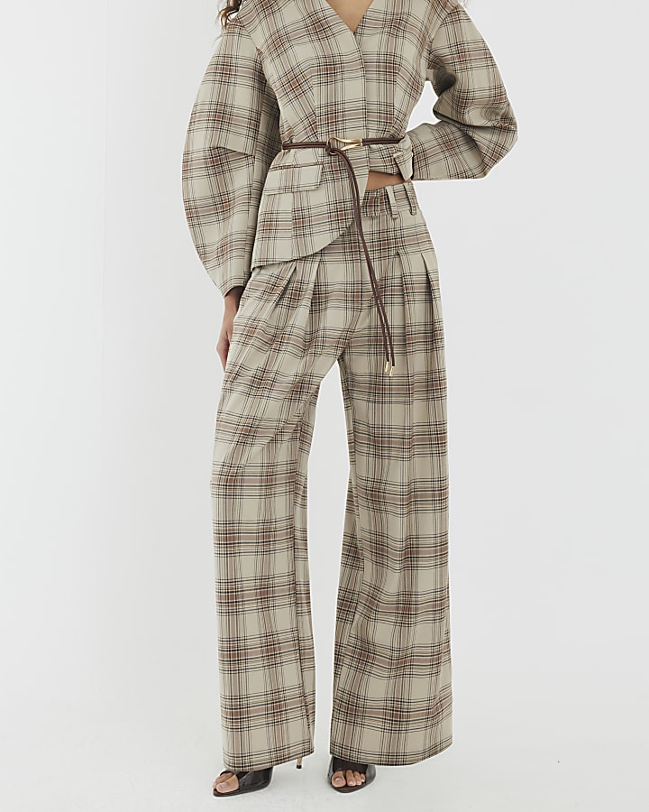 Beige Check Wide Leg Trousers