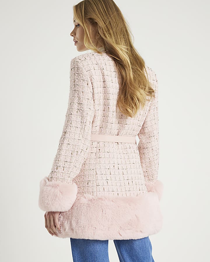 Pink Boucle Collarless Swing Fur Trim Coat