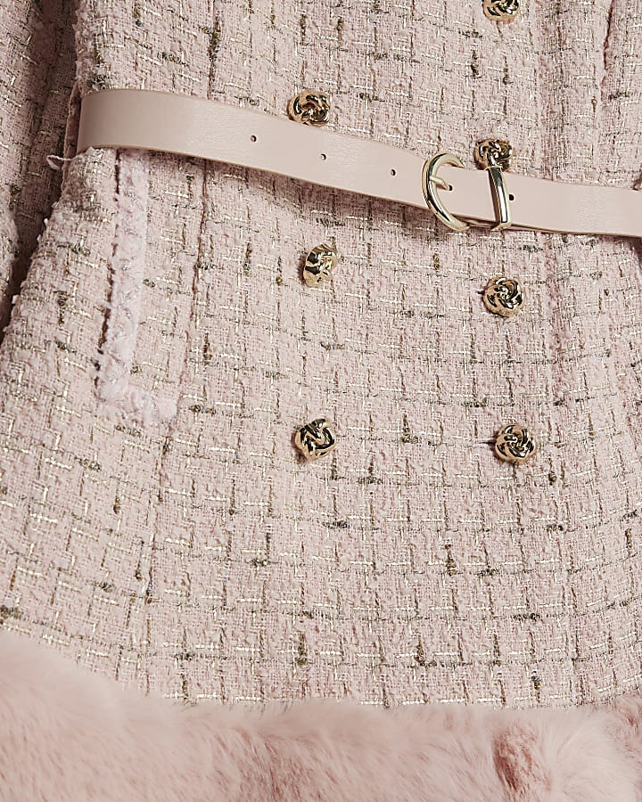 Pink Boucle Collarless Swing Fur Trim Coat