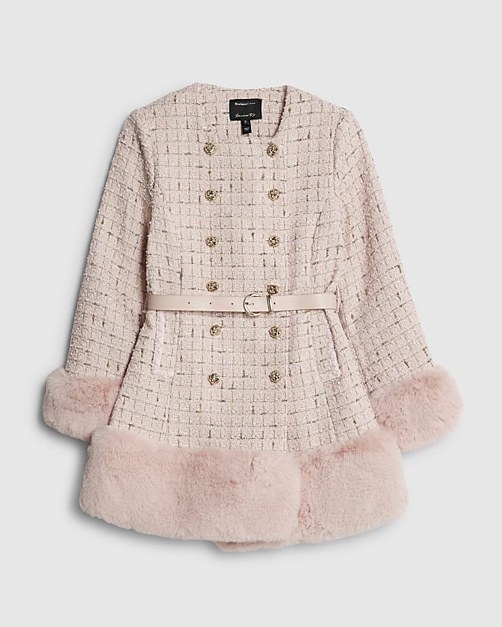 Pink Boucle Collarless Swing Fur Trim Coat