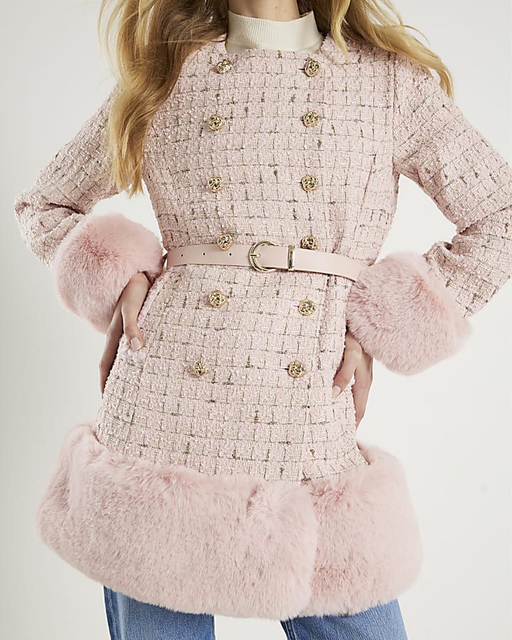 Pink Boucle Collarless Swing Fur Trim Coat