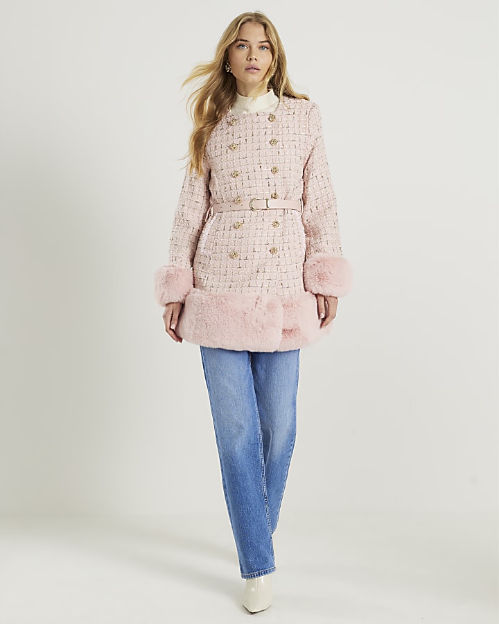 Pink Boucle Collarless Swing Fur Trim Coat
