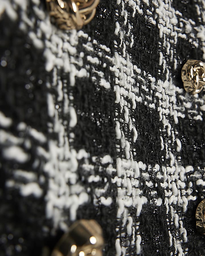 Black Check Collarless Faux Fur Trim Coat