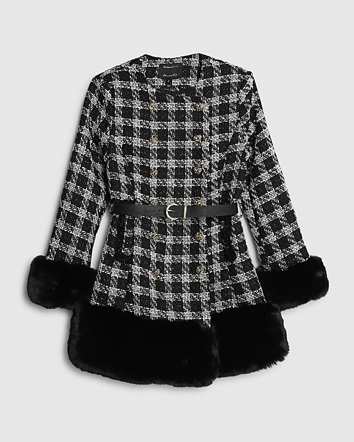 Black Check Collarless Faux Fur Trim Coat
