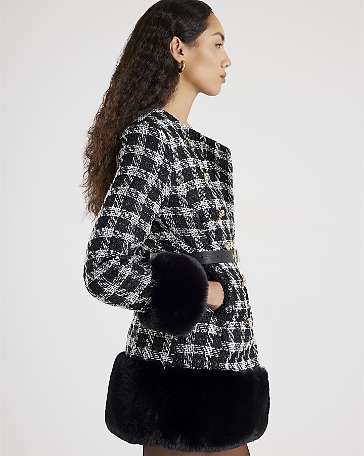Black Check Collarless Faux Fur Trim Coat