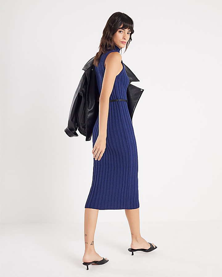 Navy Sleeveless Belted Rib Dress