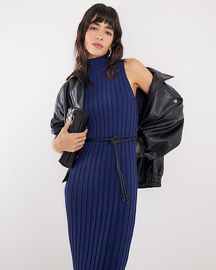 Navy Sleeveless Belted Rib Dress