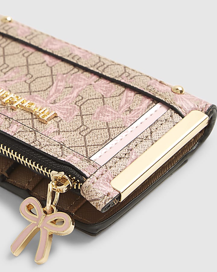 Beige Bow monogram Print Mini Purse