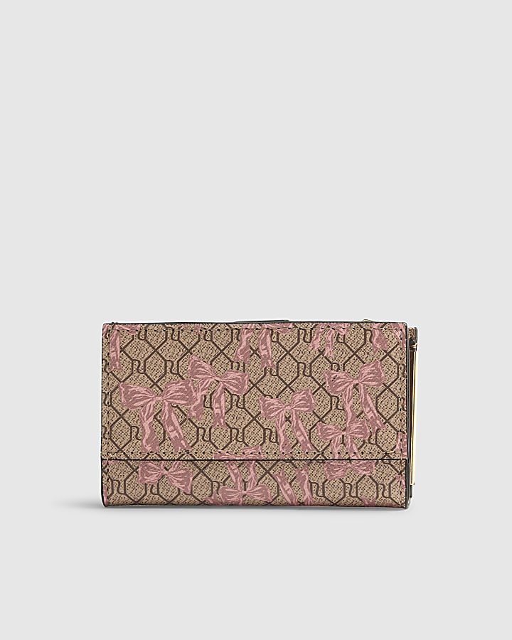 Beige Bow monogram Print Mini Purse