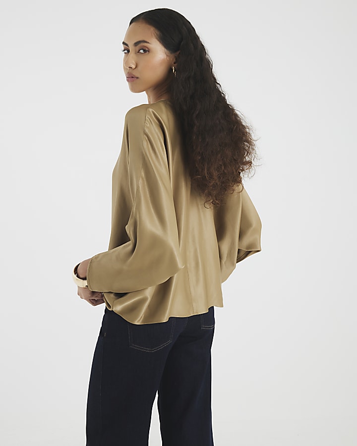 Khaki Satin Long Batwing Sleeve Top
