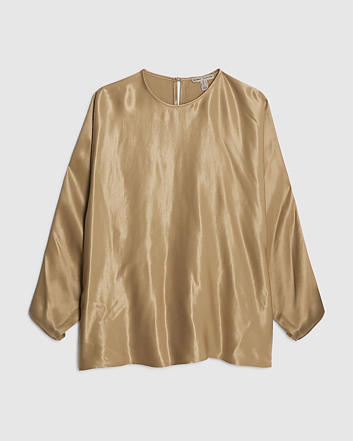 Khaki Satin Long Batwing Sleeve Top