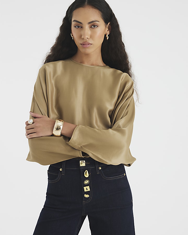 Khaki Satin Long Batwing Sleeve Top