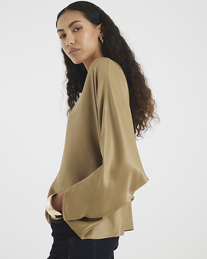 Khaki Satin Long Batwing Sleeve Top