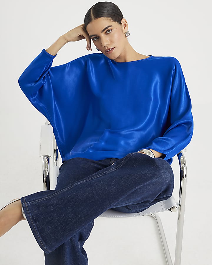 Blue Satin Long Batwing Sleeve Top