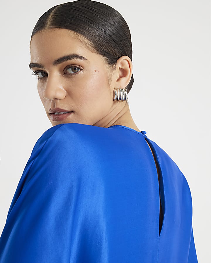 Blue Satin Long Batwing Sleeve Top