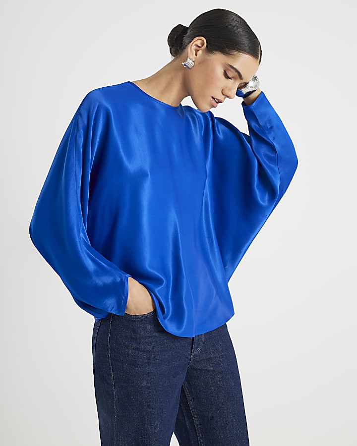 Blue Satin Long Batwing Sleeve Top