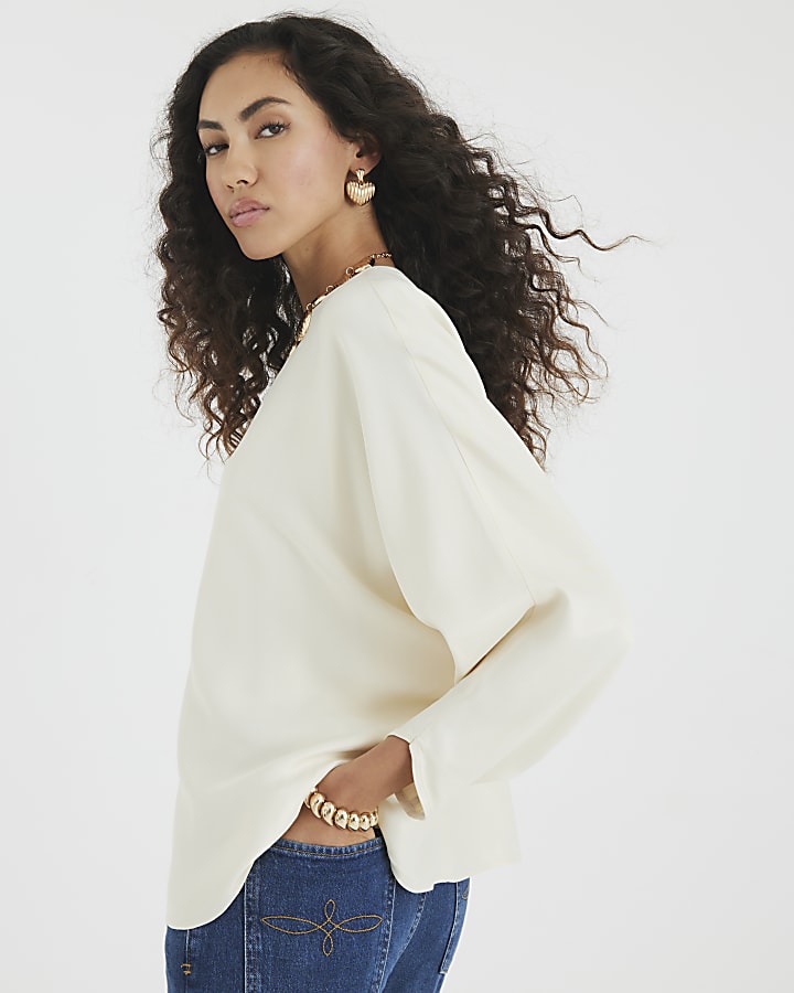 Cream Satin Long Batwing Sleeve Top