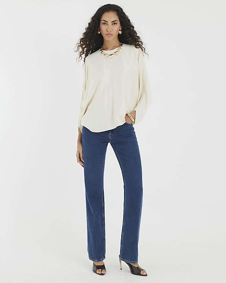 Cream Satin Long Batwing Sleeve Top