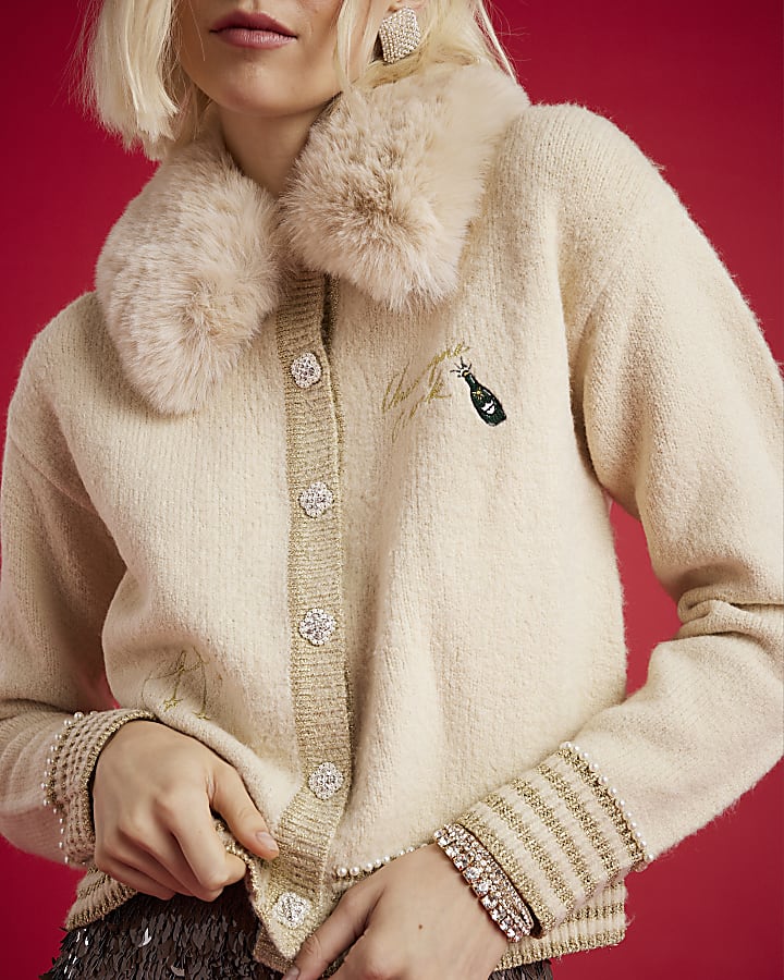Nephthys Cream Faux Fur Collar Cardigan