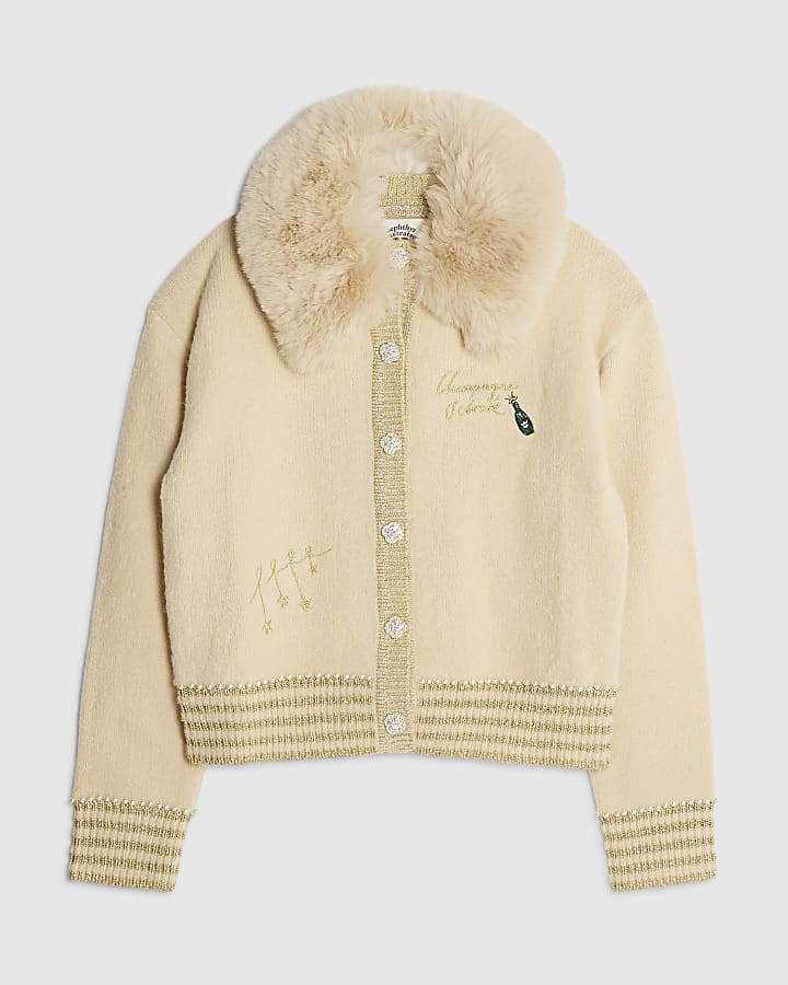 Nephthys Cream Faux Fur Collar Cardigan