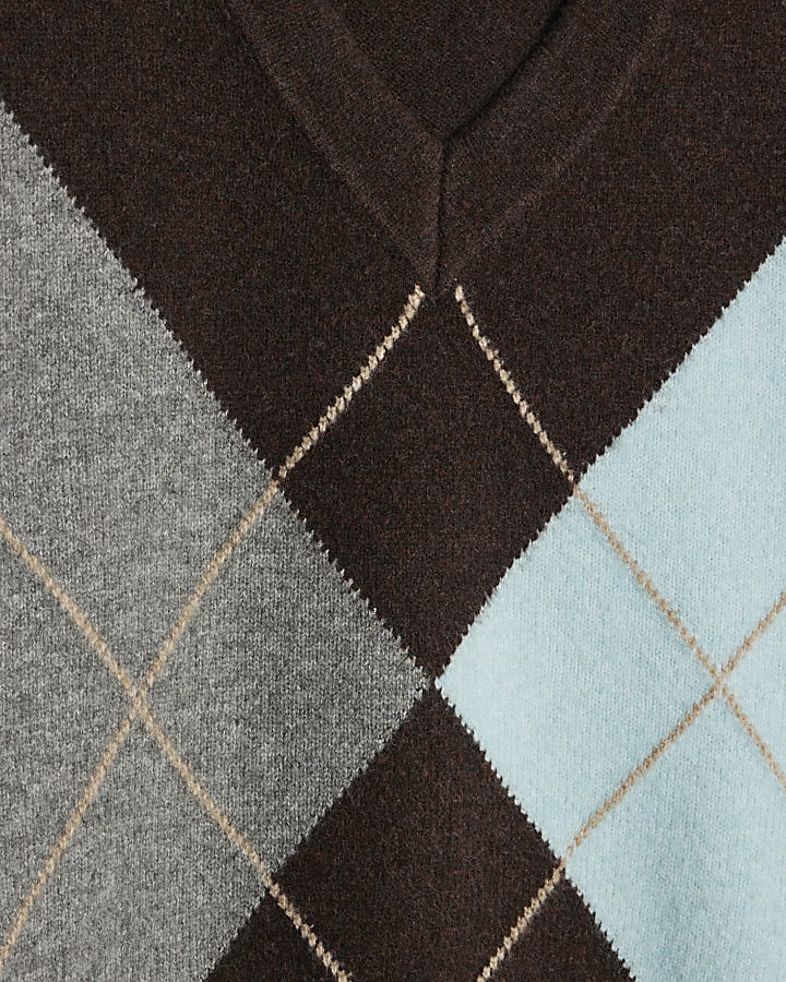 Brown Knitted Argyle V Neck Jumper