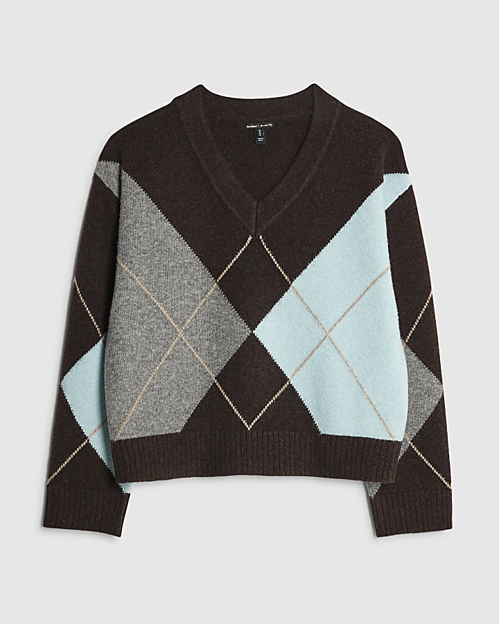 Brown Knitted Argyle V Neck Jumper