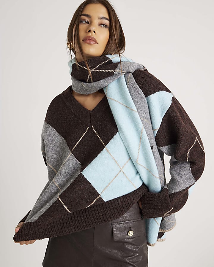 Brown Knitted Argyle V Neck Jumper