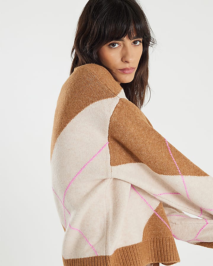 Brown Argyle V Neck Knit Jumper