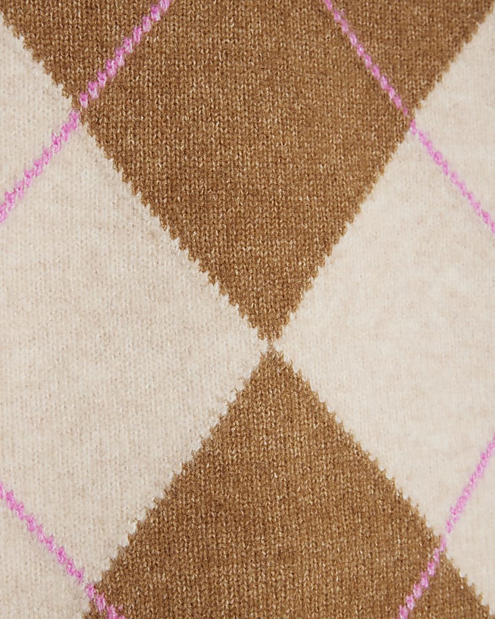 Brown Argyle V Neck Knit Jumper