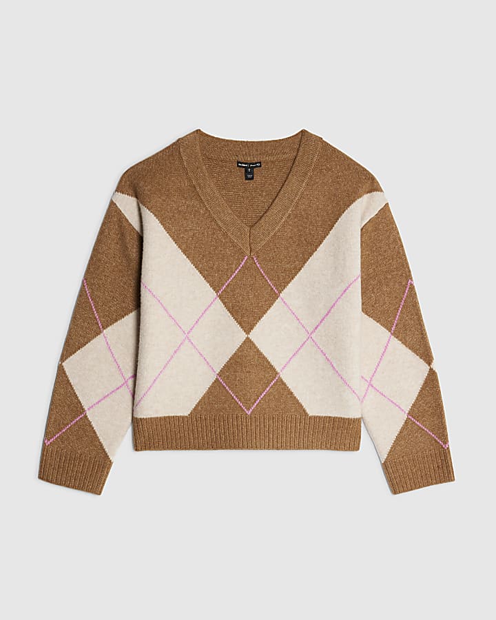 Brown Argyle V Neck Knit Jumper