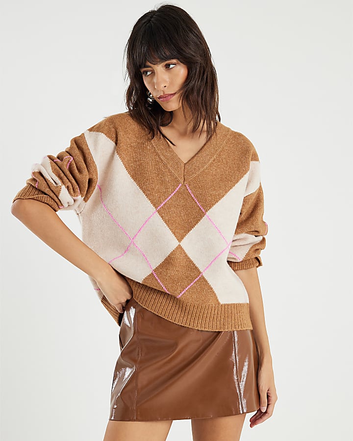 Brown Argyle V Neck Knit Jumper