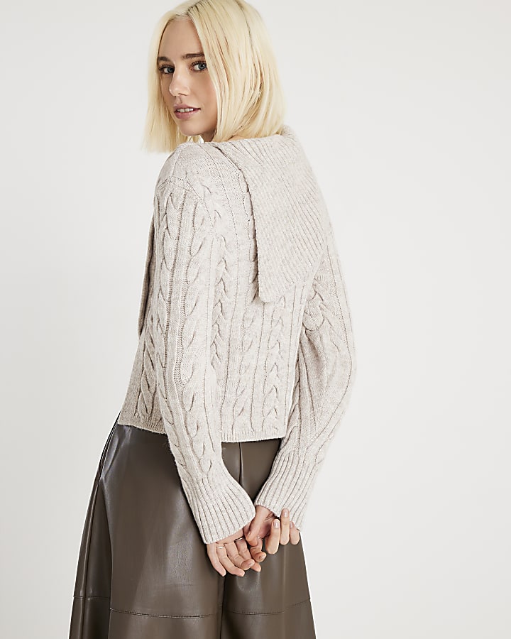 Beige Cable Knit Fold Over Jumper