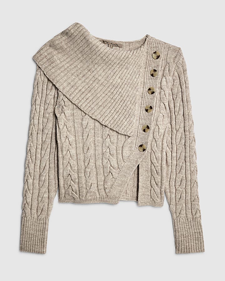 Beige Cable Knit Fold Over Jumper