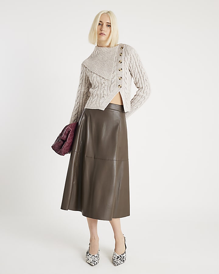 Beige Cable Knit Fold Over Jumper