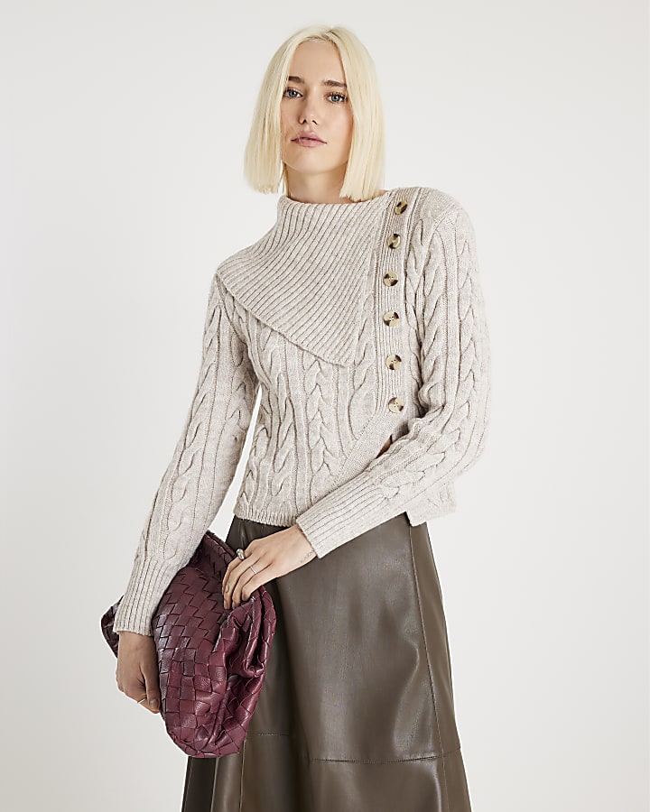 Beige Cable Knit Fold Over Jumper