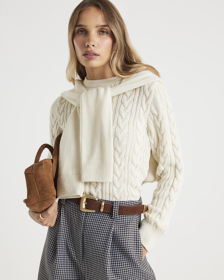 Cream Cable Knit Tie Neck Jumper