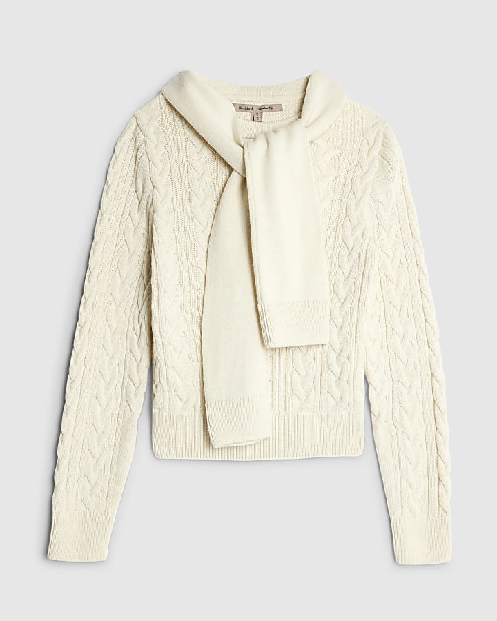 Cream Cable Knit Tie Neck Jumper