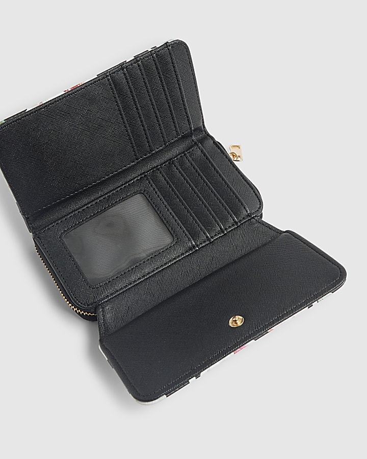Black Floral Flap Zip Around Purse