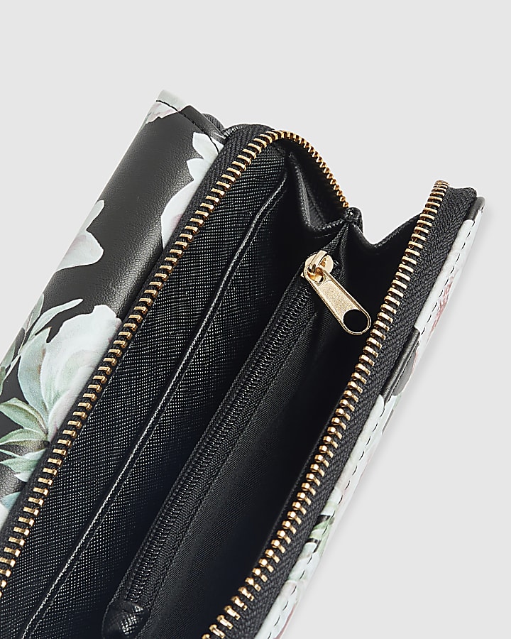 Black Floral Flap Zip Around Purse