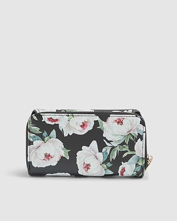 Black Floral Flap Zip Around Purse
