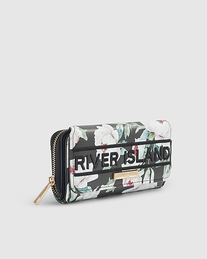 Black Floral Flap Zip Around Purse
